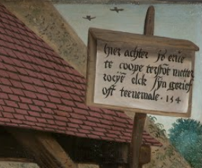 Sign (detail), Pieter Aertsen, A Meat Stall with the Holy Family Giving Alms, 1551, oil on panel 45 1/2 x 66 1/2″ / 115.6 x 168.9 cm (North Carolina Museum of Art)