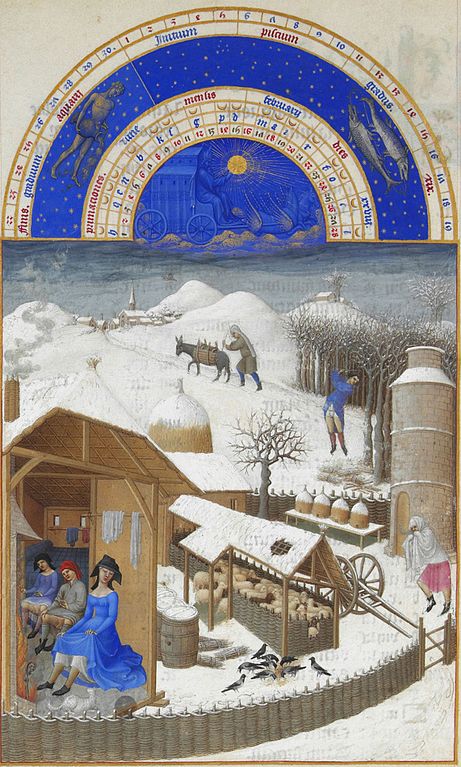 Herman, Paul and Jean de Limbourg, February, from Les Très Riches Heures du Duc de Berry, 1413-16, ink on vellum (Musée Condé, Chantilly)