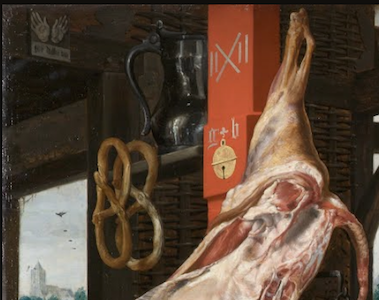 Two hands—symbol of Antwerp (detail), Pieter Aertsen, A Meat Stall with the Holy Family Giving Alms, 1551, oil on panel 45 1/2 x 66 1/2″ / 115.6 x 168.9 cm (North Carolina Museum of Art)