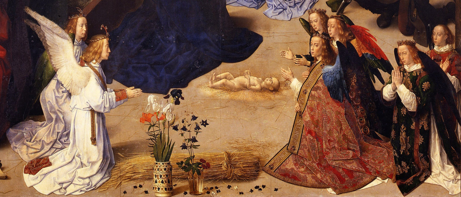 Hugo van der Goes, Portinari Altarpiece, detail of the center panel foreground, c. 1476, oil on wood, 274 x 652 cm when open (Uffizi)