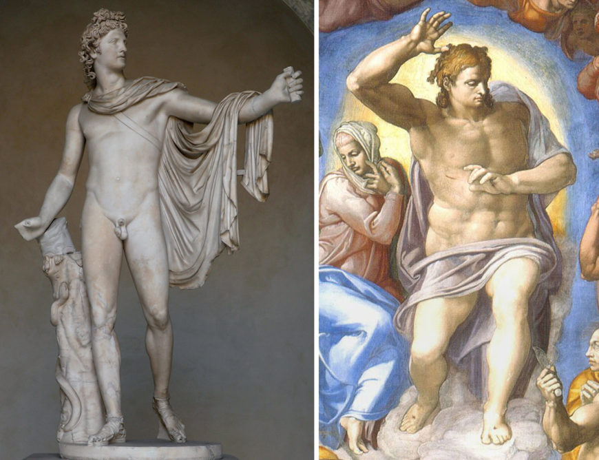 Left: Apollo Belvedere (Roman copy of a Greek(?) original), original late 4th century B.C.E. marble, 2.3 m high (Vatican Museums, Rome; photo: Steven Zucker, CC BY-NC-SA 2.0); right: Christ (detail), Michelangelo, Last Judgment, Sistine Chapel, fresco, 1534–41 (Vatican City, Rome; photo: Tetraktys)