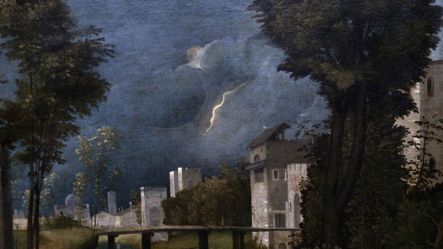 Lightning (detail), Giorgione, The Tempest, c. 1505-1508, oil with traces of tempera on canvas, 82 x 73 cm (Gallerie dell’Accademia, Venice) (photo: Steven Zucker, CC BY-NC-SA 2.0)