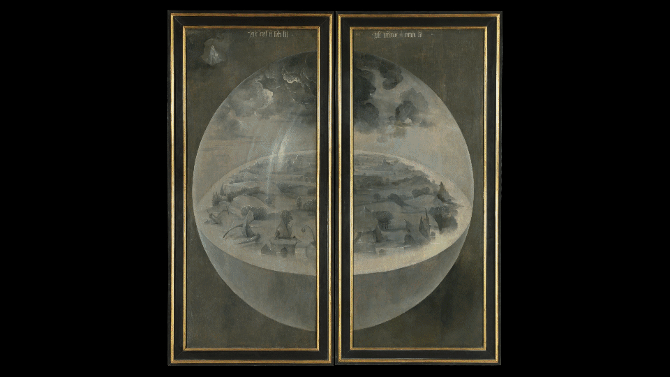 Animation of triptych opening to reveal interior view, Bosch, Garden of Earthly Delights