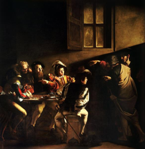 Caravaggio, Calling of St. Matthew, c. 1597-1601. Oil on canvas, 11’1” x 11’5”. Contarelli chapel, San Luigi dei Francesi, Rome.