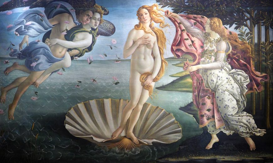 Much of the iconography and story-line of Botticelli’s fresco was influenced by Marsilio Ficino and the writings of Angelo Poliziano, the court poet of Lorenzo “the Magnificent” de’ Medici. Sandro Botticelli, The Birth of Venus, 1483-85, tempera on panel, 68 x 109 5/8″ (172.5 x 278.5 cm) (Galeria degli Uffizi, Florence; photo: Steven Zucker, CC BY-NC-SA 2.0)