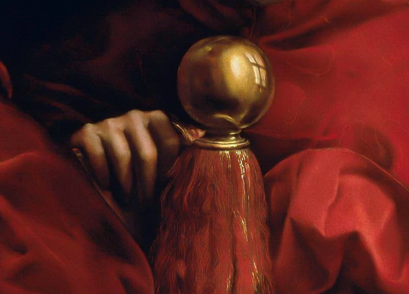 Detail, Raphael, Portrait of Pope Leo X with Cardinals Giulio de’Medici and Luigi de’Rossi, c. 1518 (Uffizi Gallery, Florence)