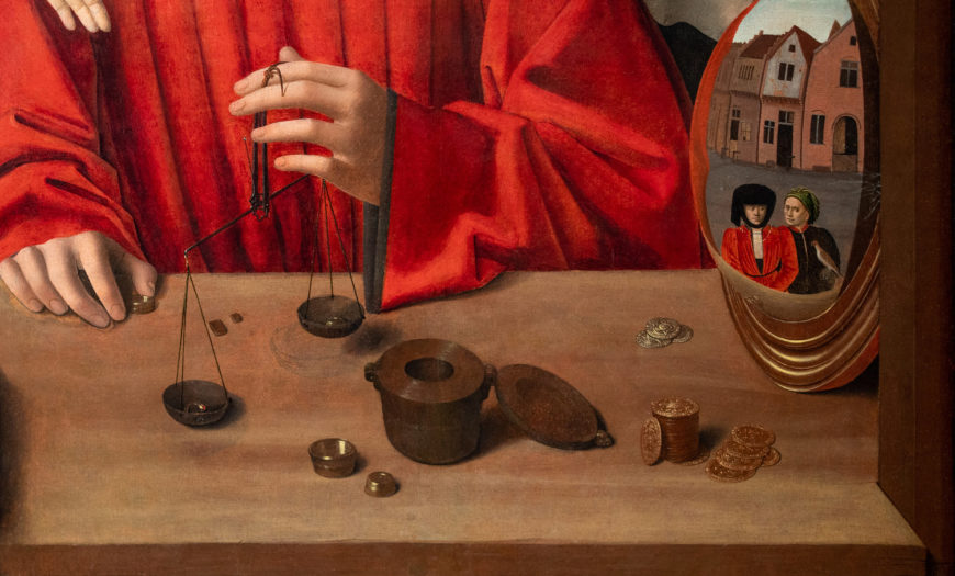 Still life and Mirror (detail), Petrus Christus, A Goldsmith in his Shop, 1449, oil on oak panel, 100.1 x 85.8 cm (The Metropolitan Museum of Art; photo: Steven Zucker, CC BY-NC-SA 2.0)