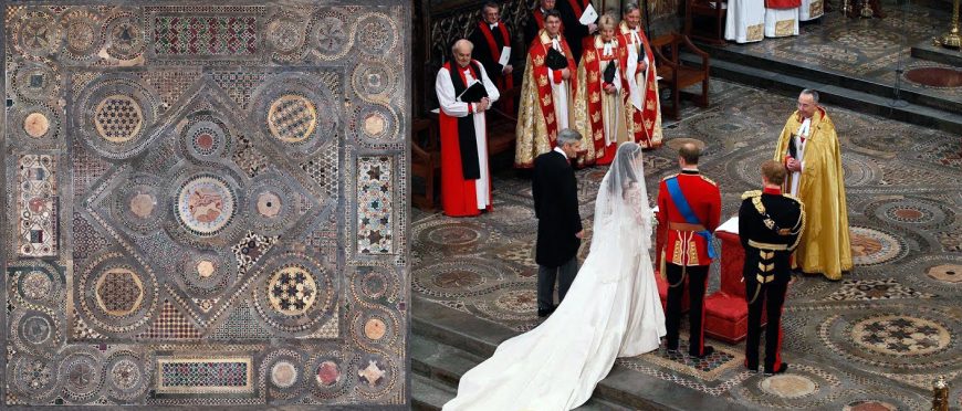 Cosmati paving, Westminster Abbey (left), marriage of the Duke and Duchess of Cambridge at Westminster Abbey (right)