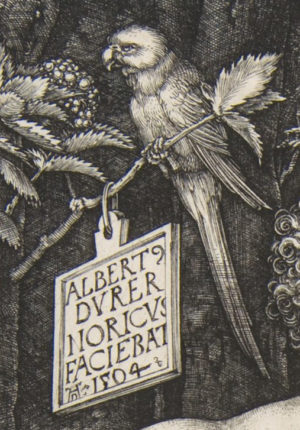 Tropical bird and sign announcing artist’s name (detail), Albrecht Dürer, Adam and Eve, 1504, engraving (fourth state), 25.1 x 20 cm (The Metropolitan Museum of Art)