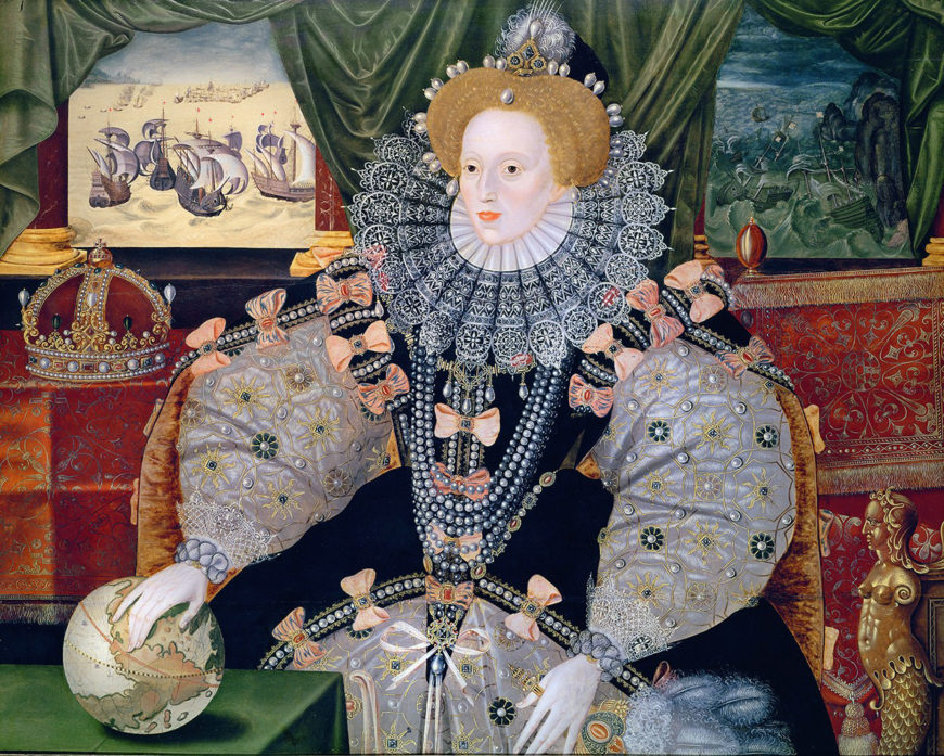 George Gower (attributed), The Armada Portrait, c.1588, oil on oak panel, 110.5 x 125 cm (Woburn Abbey)