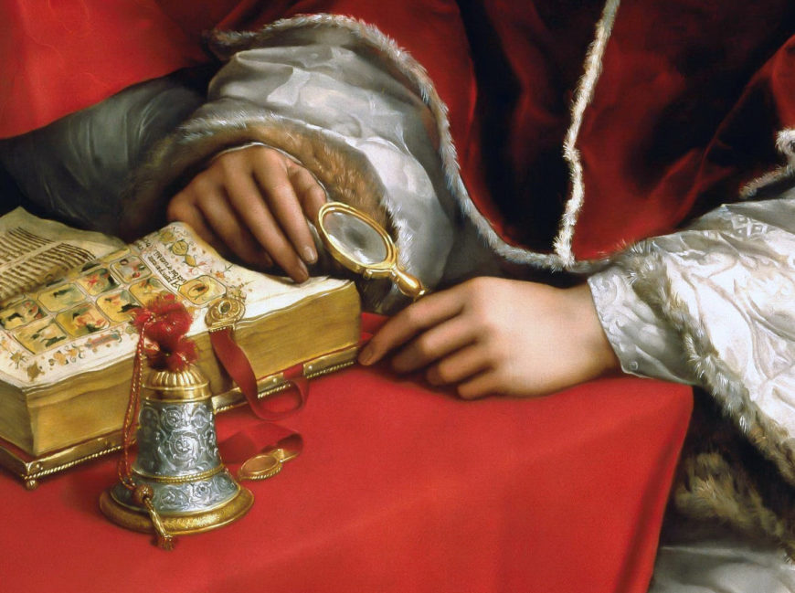 Detail, Raphael, Portrait of Pope Leo X with Cardinals Giulio de’Medici and Luigi de’Rossi, c. 1518 (Uffizi Gallery, Florence)