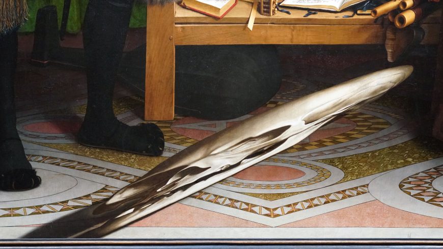 Anamorphic skull (detail), Hans Holbein the Younger, The Ambassadors, 1533, oil on oak, 207 x 209.5 cm (The National Gallery, London, photo: Steven Zucker, CC BY-NC-SA 4.0)