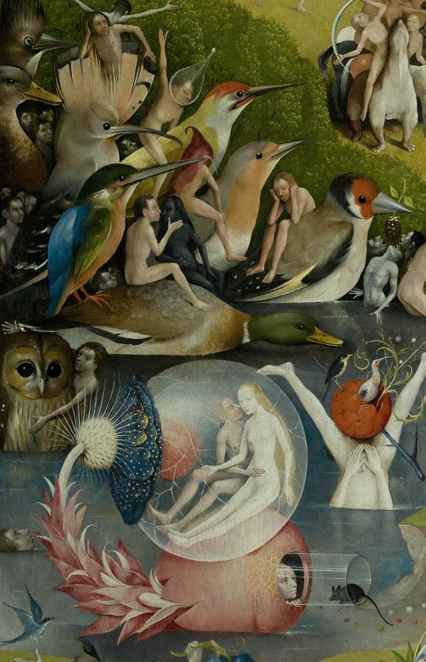 Couple embracing within a giant bubble, a man embracing a giant owl, and figures riding birds (detail), Hieronymus Bosch, The Garden of Earthly Delights, c. 1480-1505, triptych, oil on panel, 220 x 390 cm (Museo del Prado)