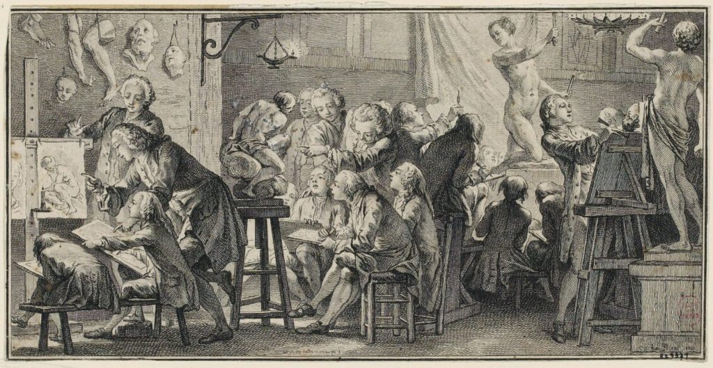 Benoît-Louis Prévost, after Charles-Nicolas Cochin, “The School of Art” (“Ecole de dessein”), planche I. Recueil de planches sur les sciences, les arts libéraux, et les arts mécaniques, avec leur explications, volume 3 (Paris, 1763)