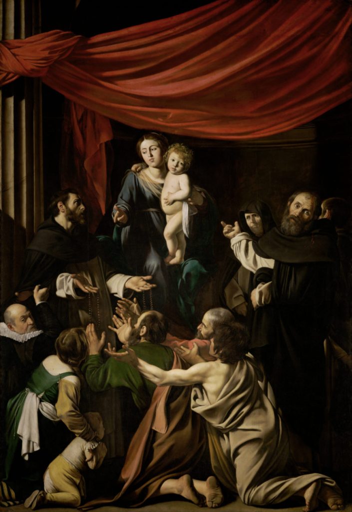 Caravaggio, Madonna of the Rosary, 1607, oil on canvas, 364.5 cm × 249.5 cm (Kunsthistorisches Museum, Vienna)