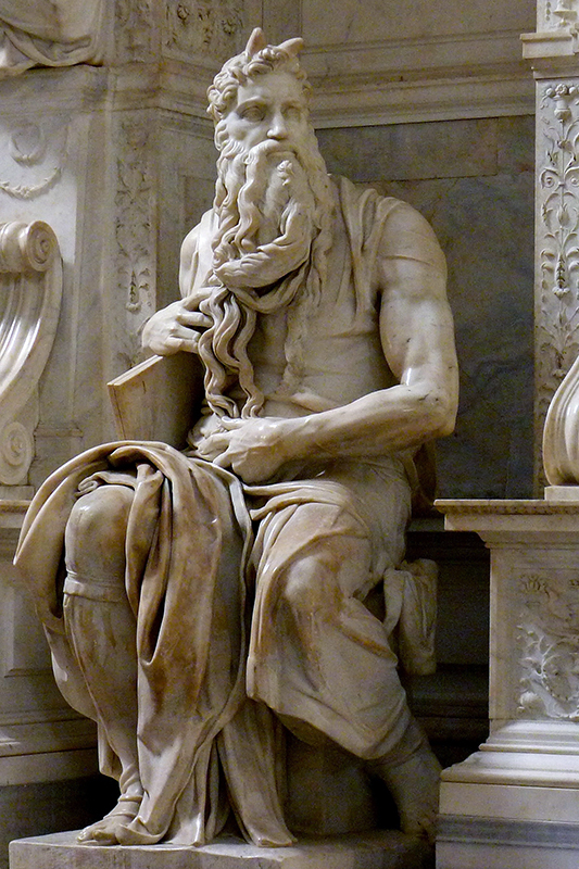 Michelangelo Buonarroti, Moses, 1513–15, Carrara marble, 254 cm (8 feet, 3 inches) high, Tomb of Pope Julius II (della Rovere), 1505–45, San Pietro in Vincoli, Rome (photo: Jörg Bittner Unna, CC BY 3.0)