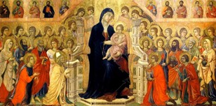 Detail of the Maestà Altarpiece (Virgin Enthroned in Majesty), from Siena Cathedral, Siena, Italy.