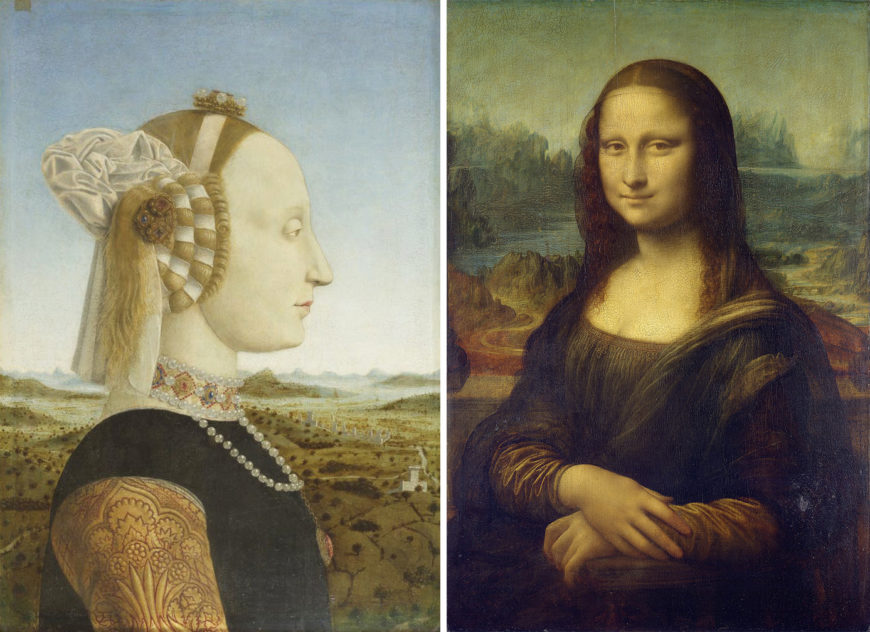 Left: Piero della Francesca, Portrait of Battista Sforza, c. 1465–66, tempera on panel (Galleria degli Uffizi, Florence); right: Leonardo da Vinci, Portrait of Lisa Gherardini (known as the Mona Lisa), c. 1503–19, oil on poplar panel, 77 x 53 cm (Musée du Louvre, Paris)