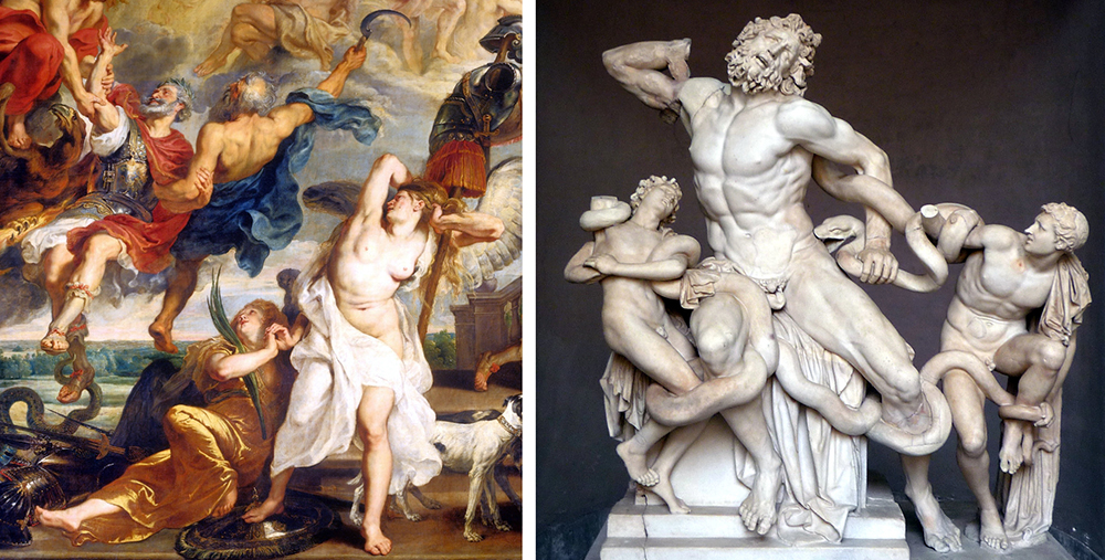 Left: Peter Paul Rubens, The Apotheosis of Henry IV and the Proclamation of the Regency of Marie de’ Médici, detail of Henry IV and Bellona, c. 1622–1625, oil on canvas, 394 x 727 cm (Musée du Louvre, Paris); Right: Athanadoros, Hagesandros, and Polydoros of Rhodes, Laocoön and his Sons, early first century C.E., marble, 7’10 1/2″ high (Vatican Museums)