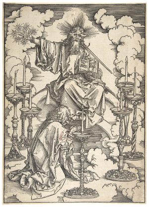 Albrecht Dürer, The Seven Golden Candlesticks and the Seven Stars from The Apocalypse, 1511, originally published 1498, woodcut, 39.53 x 28.26 cm (Minneapolis Institute of Art)