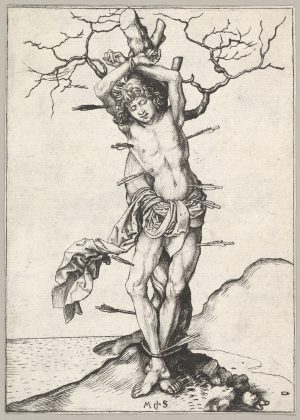Martin Schongauer, German, about 1450-91, Saint Sebastian, c. 1480-90, engraving (The Metropolitan Museum of Art)