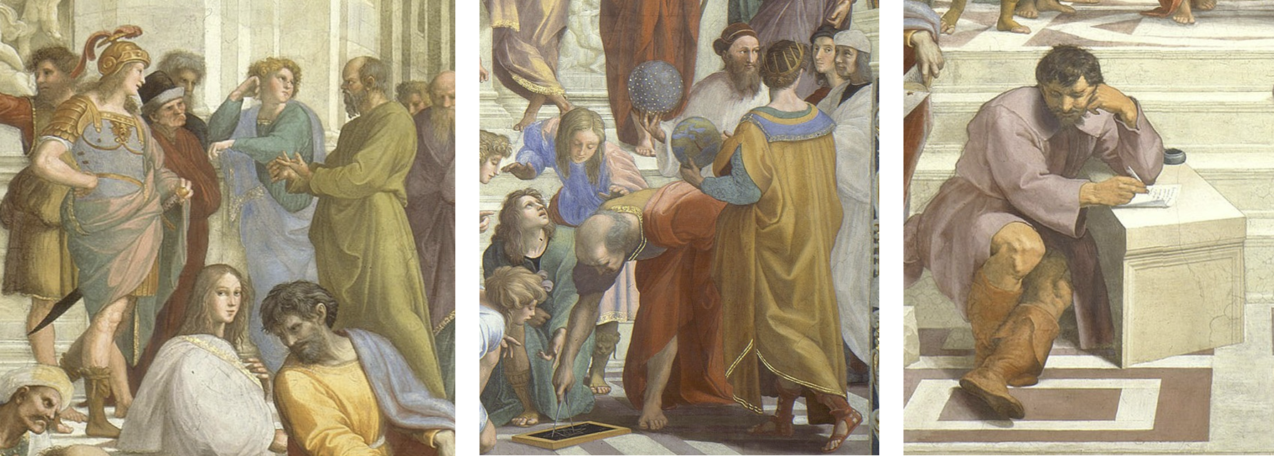 Alexander the Great debates with Socrates, left. Euclid and Ptolemy, center. Heraclitus, right.