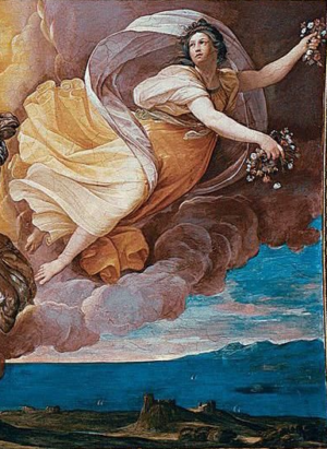 Aurora goddess of the dawn, bringing forth a new day (detail),Guido Reni, Aurora, 1613–14, ceiling fresco (Casino dell’Aurora, Rome; photo: Connor Cunningham)