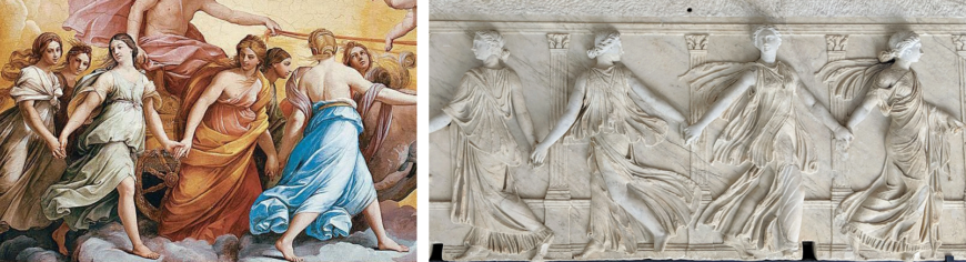 Left: Apollo in his chariot surrounded by female figures, The Hours (detail), Guido Reni, Aurora, 1613–14, ceiling fresco (Casino dell’Aurora, Rome; photo: Connor Cunningham); right: Borghese Dancers, c. 2nd–3rd centuries, marble, 72 x 188 cm (Louvre)