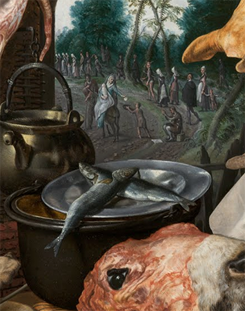 Crossed herring (detail), Pieter Aertsen, A Meat Stall with the Holy Family Giving Alms, 1551, oil on panel 45 1/2 x 66 1/2″ / 115.6 x 168.9 cm (North Carolina Museum of Art)