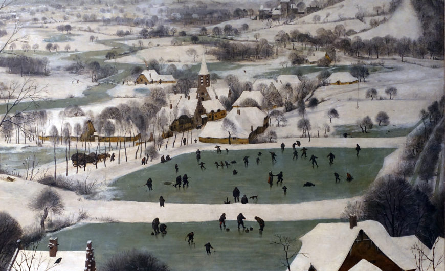 Ice-skating and other winter activities (detail), Pieter Bruegel the Elder, Hunters in the Snow (Winter), 1565, oil on wood, 162 x 117 cm (Kunsthistorisches Museum, Vienna; photo: Steven Zucker, CC BY-NC-SA 2.0)