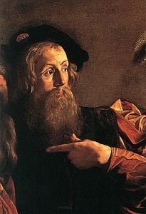 Caravaggio, Calling of St. Matthew (detail), c. 1597-1601. Oil on canvas, 11’1” x 11’5”. Contarelli chapel, San Luigi dei Francesi, Rome.