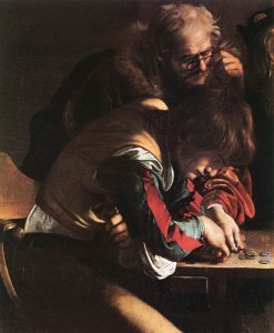 Caravaggio, Calling of St. Matthew (detail), c. 1597-1601. Oil on canvas, 11’1” x 11’5”. Contarelli chapel, San Luigi dei Francesi, Rome.