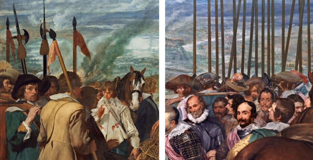 Left: Youthful Dutch soldiers (detail); right: Spanish soldiers (detail), Diego Velázquez, The Surrender of Breda, 1634–35, oil on canvas, 307 cm × 367 cm (Museo del Prado, Madrid)