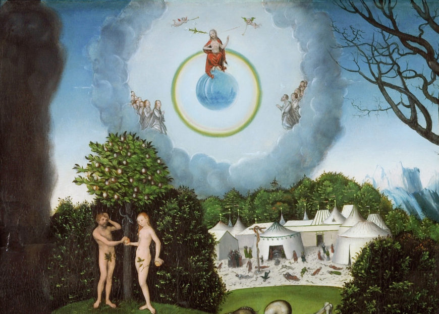 Adam and Even eating the fruit of the knowledge of good and evil, with Christ above in judgment (detail), Lucas Cranach, The Law and the Gospel, c. 1529, oil on wood, 82.2 × 118 cm / 32.4 × 46.5 in (Herzogliches Museum, Gotha, Germany)