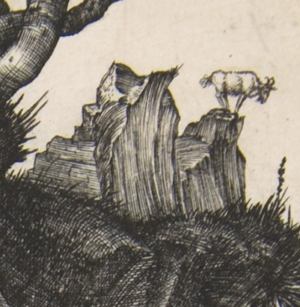 Mountain goat (detail), Albrecht Dürer, Adam and Eve, 1504, engraving (fourth state), 25.1 x 20 cm (The Metropolitan Museum of Art)