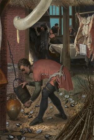 Tavern scene (detail), Pieter Aertsen, A Meat Stall with the Holy Family Giving Alms, 1551, oil on panel, 45 1/2 x 66 1/2″ / 115.6 x 168.9 cm (North Carolina Museum of Art)