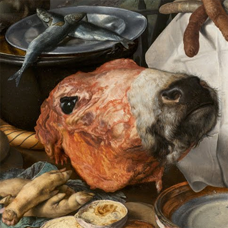 Ox head (detail), Pieter Aertsen, A Meat Stall with the Holy Family Giving Alms, 1551, oil on panel, 45 1/2 x 66 1/2″ / 115.6 x 168.9 cm (North Carolina Museum of Art)