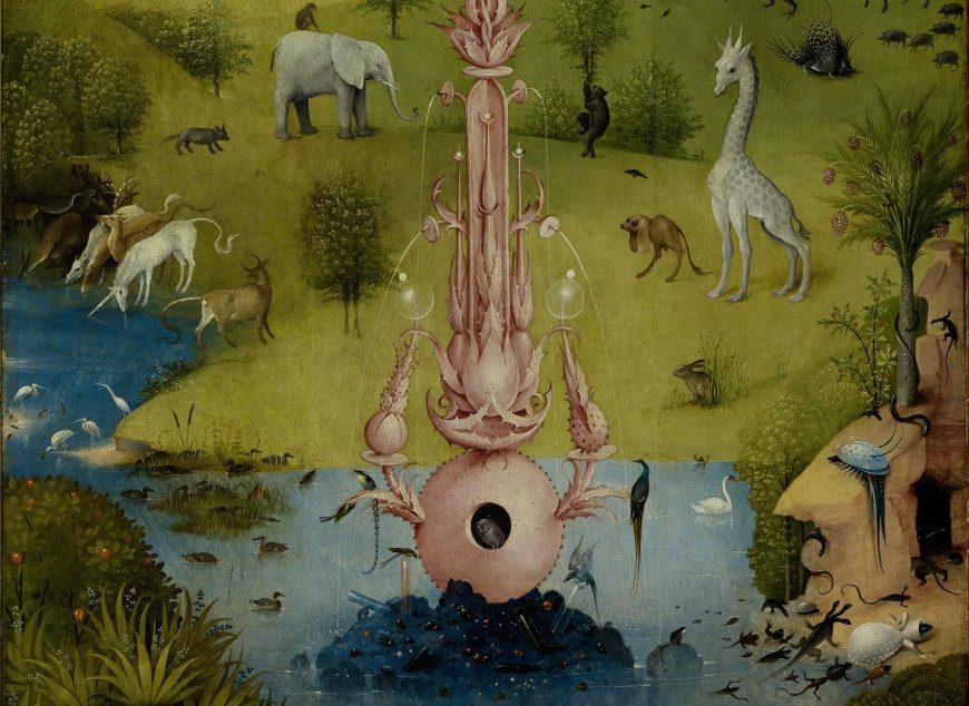 Fountain and, to the lower right, a three-headed lizard, Hieronymus Bosch, The Garden of Earthly Delights, c. 1480-1505, triptych, oil on panel, 220 x 390 cm (Museo del Prado)