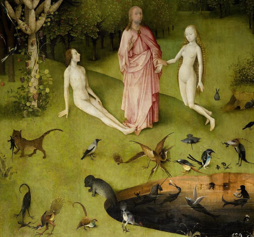 God/Jesus with Adam and Eve, Hieronymus Bosch, The Garden of Earthly Delights, c. 1480-1505, oil on panel, 220 x 390 cm (Museo del Prado)