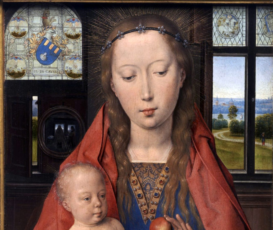 Left wing with the coat of arms (upper left) and two roundels of Saints George and Christopher (upper right). Hans Memling, Diptych of Maarten van Nieuwenhove (detail), 1487, oil on panel, 33.5 x 44.7 cm (each panel) (Musea Brugge)