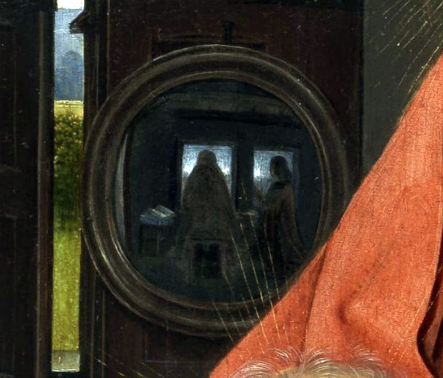 Mirror showing a reflection of Mary on a stool and Van Nieuwenhove kneeling kneeling. Hans Memling, Diptych of Maarten van Nieuwenhove (detail), 1487, oil on panel, 33.5 x 44.7 cm (each panel) (Musea Brugge)