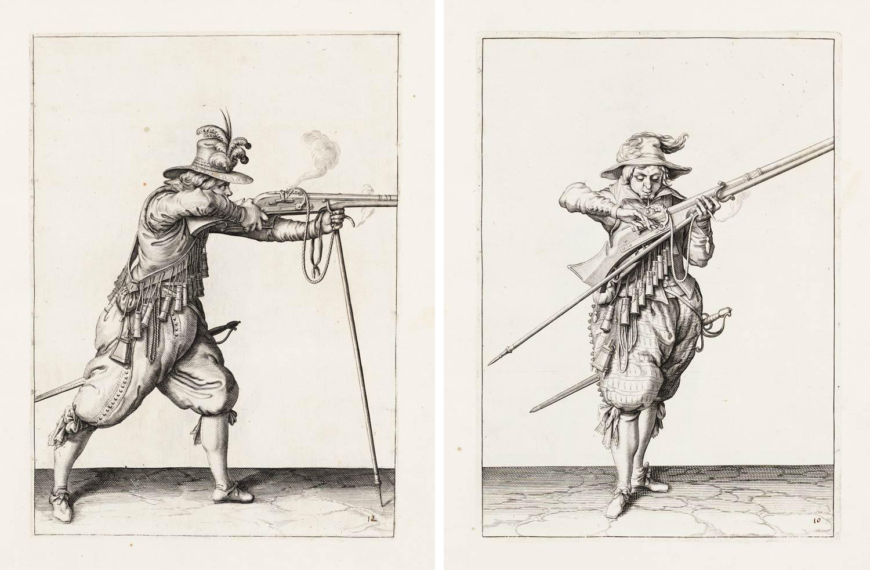 Jacob de Gheyn II, Wapenhandelinghe van Roers Musquetten ende Spiessen, left: Instructions for the use of the musket. Instruction 10: blow the fuse and open your ‘pan’; right: Instructions for the use of the musket. Instruction 12: Fire, published 1607.