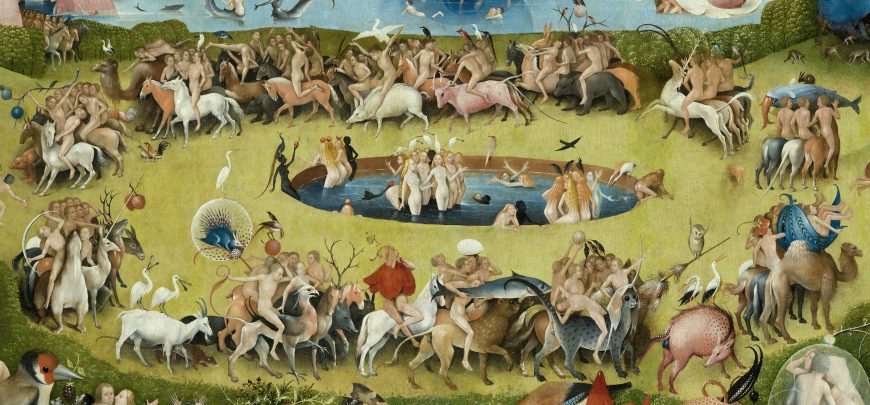 Pool of the maidens, central panel, Hieronymus Bosch, The Garden of Earthly Delights, c. 1480-1505, triptych, oil on panel, 220 x 390 cm (Museo del Prado)