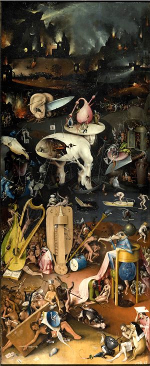 Right panel, Hieronymus Bosch, The Garden of Earthly Delights, c. 1480-1505, triptych, oil on panel, 220 x 390 cm (Museo del Prado)