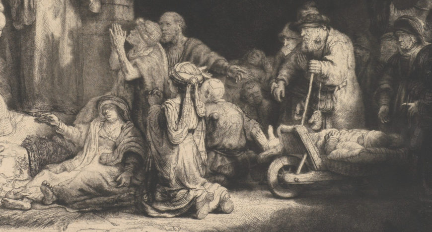 Detail of the right side, Rembrandt, The Hundred Guilder Print, c. 1649, etching, engraving, and drypoint; second state of two, 28 x 39.3 cm (The Metropolitan Museum of Art)