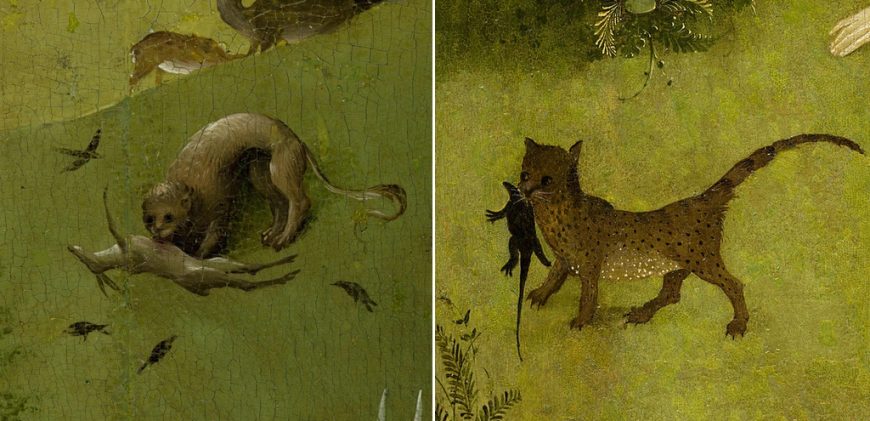 A lion is devouring a deer or antelope and a cat with a creature in its mouth (details), Hieronymus Bosch, The Garden of Earthly Delights, c. 1480-1505, triptych, oil on panel, 220 x 390 cm (Museo del Prado)