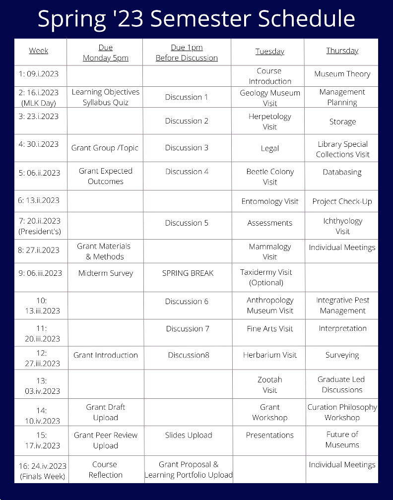 A comprehensive table titled "Spring '23 Semester Schedule" with a dark navy blue background and white text. The table has 5 columns: "Week", "Due Monday 5pm", "Due 1pm Before Discussion", "Tuesday", and "Thursday". The schedule spans 16 weeks from January through April 2023. The table details weekly activities including: - Week 1 Course Introduction (Tuesday) and Museum Theory (Thursday) - Week 2 Learning Objectives and Syllabus Quiz due Monday, Discussion 1, Geology Museum Visit (Tuesday), Management Planning (Thursday) - Week 3 Discussion 2, Herpetology Visit (Tuesday), Storage (Thursday) - Week 4 Grant Group/Topic due Monday, Discussion 3, Legal (Tuesday), Library Special Collections Visit (Thursday) - Week 5 Grant Expected Outcomes due Monday, Discussion 4, Beetle Colony Visit (Tuesday), Databasing (Thursday) - Week 6 Entomology Visit (Tuesday), Project Check-Up (Thursday) - Week 7 Discussion 5, Assessments (Tuesday), Ichthyology Visit (Thursday) - Week 8 Grant Materials & Methods due Monday, Mammalogy Visit (Tuesday), Individual Meetings (Thursday) - Week 9 Midterm Survey due Monday, SPRING BREAK, Taxidermy Visit (Optional) (Tuesday) - Week 10 Discussion 6, Anthropology Museum Visit (Tuesday), Integrative Pest Management (Thursday) - Week 11 Discussion 7, Fine Arts Visit (Tuesday), Interpretation (Thursday) - Week 12 Grant Introduction due Monday, Discussion 8, Herbarium Visit (Tuesday), Surveying (Thursday) - Week 13 Zootah Visit (Tuesday), Graduate Led Discussions (Thursday) - Week 14 Grant Draft Upload due Monday, Grant Workshop (Tuesday), Curation Philosophy Workshop (Thursday) - Week 15 Grant Peer Review Upload due Monday, Slides Upload due before discussion, Presentations (Tuesday), Future of Museums (Thursday) - Week 16 Course Reflection due Monday, Grant Proposal & Learning Portfolio Upload due before discussion, Individual Meetings (Thursday) The schedule shows a progressive development of a grant proposal project throughout the semester, interspersed with numerous museum and collection visits, discussions, and specialized topics related to collection material handling.