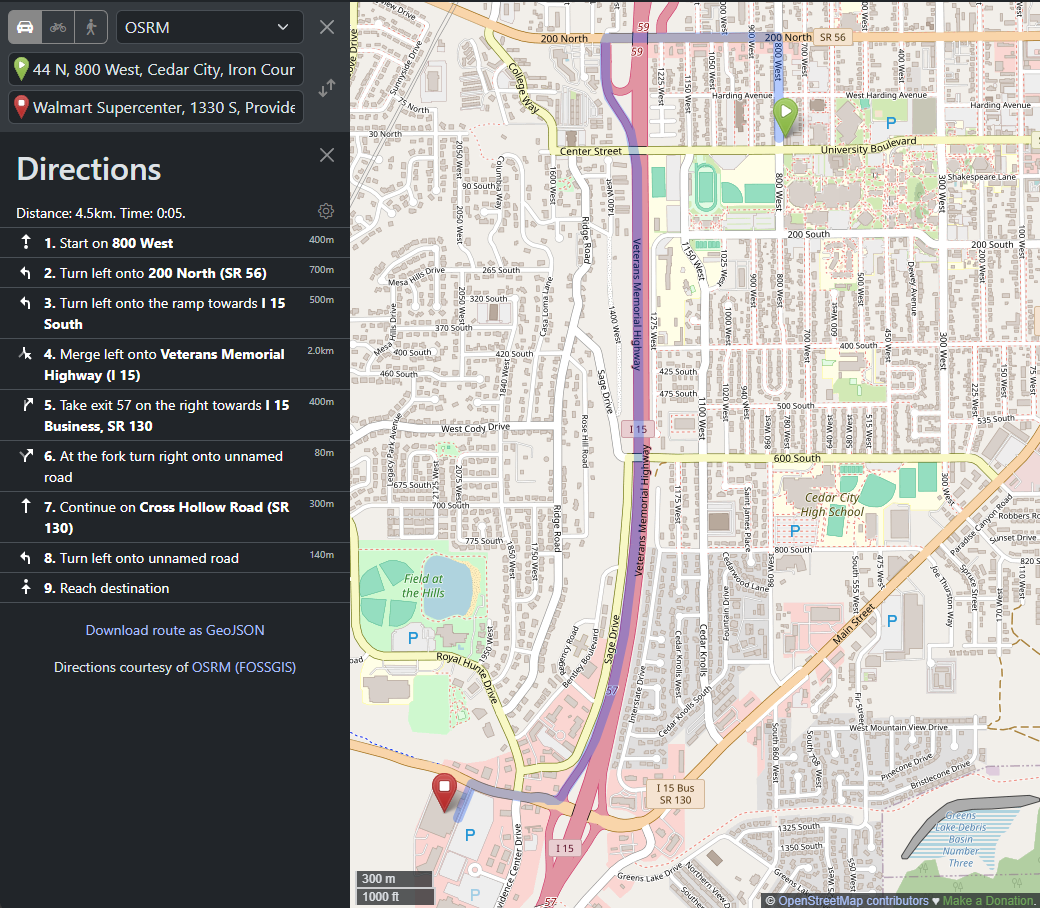 A map showing the directions from a college apartment in Cedar City, Utah to the closest WalMart Supercenter.