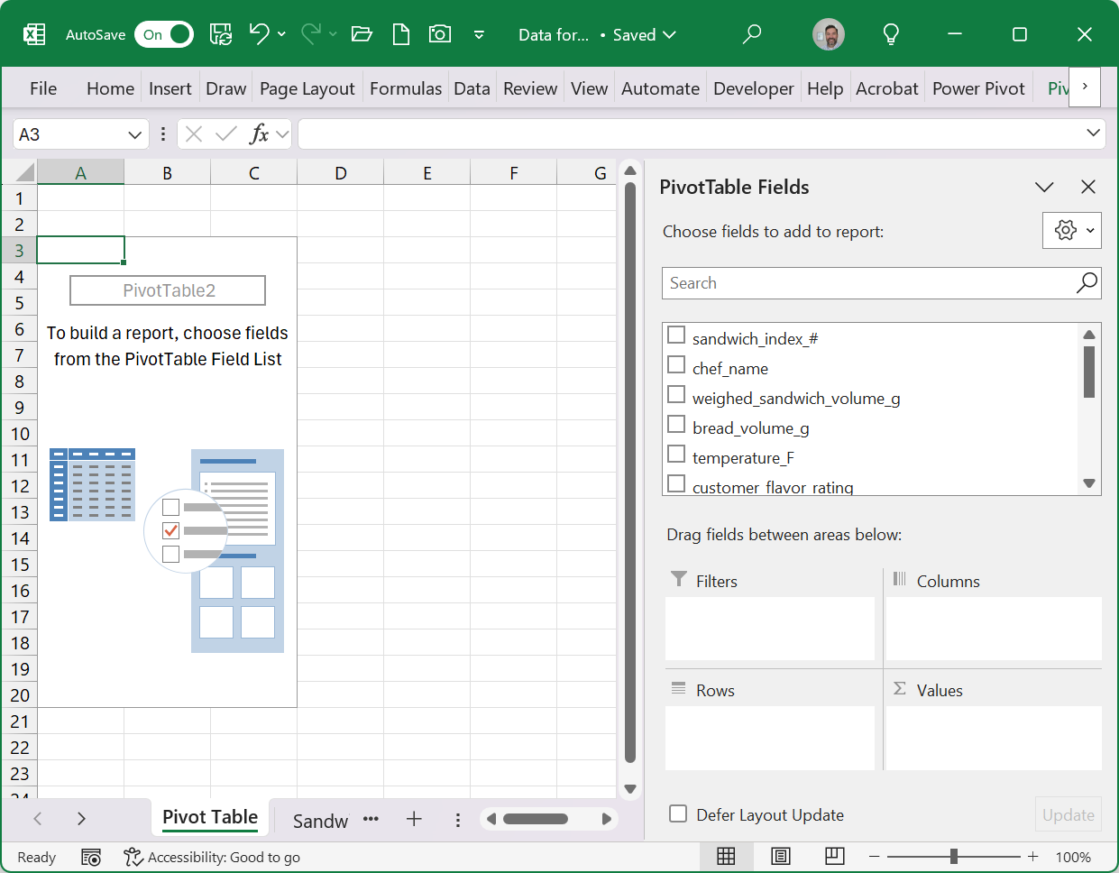 A screenshot of Excel showing the PivotTable editing environment. On Cell is highlighted within the PivotTable area, and the right side of the screen shows the PivotTable Fields available to add to the PivotTable.