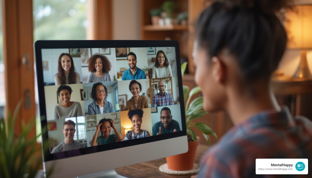 Picture of a person sitting in front of a computer monitor participating in an online support group.